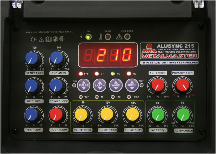 Alusync 215 ACDC Tig welder control panel for multi process features and plasma cutter integration